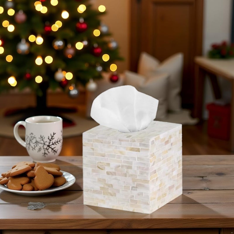 PEMAR 5.9″ Handmade Mother of Pearl Tissue Box Cover – Acacia Wood Cube, 5.35″ Interior Fits 5″ Square Boxes, Sliding Bottom, Lacquer Rustic Farmhouse Decor (Milano) - Image 2
